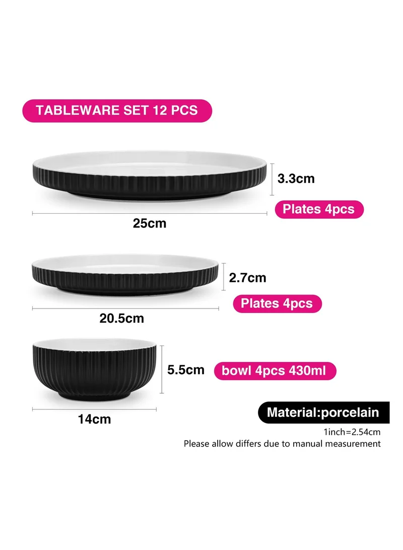 Fissman ONYX 12-Piece Porcelain Dinnerware Set | Perfect for Airbnb & Hotel Apartments | Minimalist Groove | Durable, Scratch & Chip Resistant | Microwave & Dishwasher Safe (ONYX)  | Best Price UAE